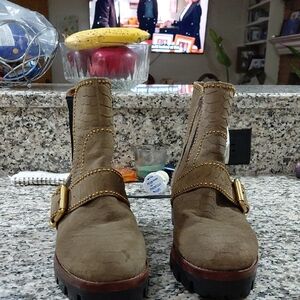 Brown Textured Ankle Boots with Gold Buckles Size 9.5 In With Zip No Box